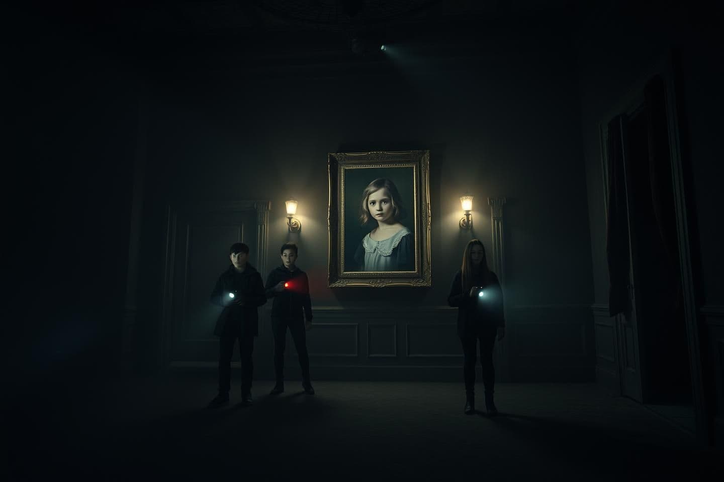AI generated: Night scene inside an abandoned haunted mansion located in the mountains of a small mysterious town. Time is around 12 AM, the atmosphere is foggy and cold. Four young friends (two