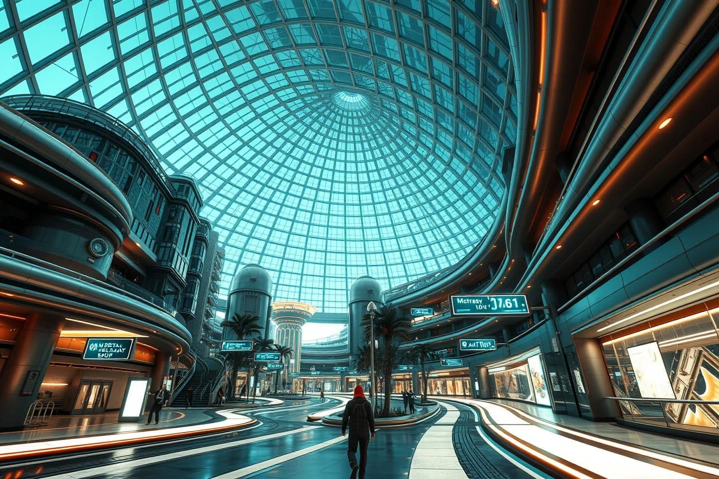 AI generated: Street-level view inside M-Delta Colony under a massive glass dome. Futuristic pedestrian avenues with glowing pathways, holographic signage, floating traffic signals, and smooth m