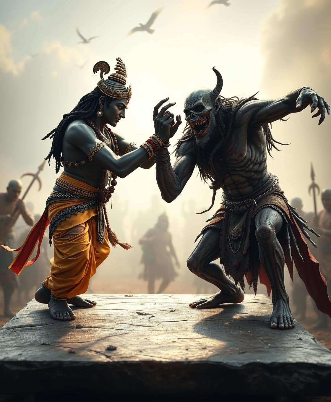 AI generated: “Ultra realistic 4K full-body scene of Sree Krishna on the left side and a terrifying zombie on the right side, both fully visible from head to toe, doing intense arm wrestling on