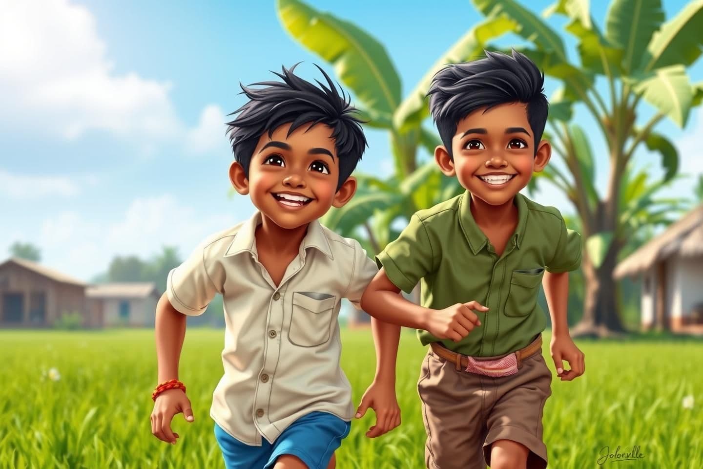 AI generated: Two 10-year-old Indian boys, Ravi and Mohan, best friends, playing together in a bright Indian countryside village called Colorville. Ravi has light brown skin, messy black hair, w