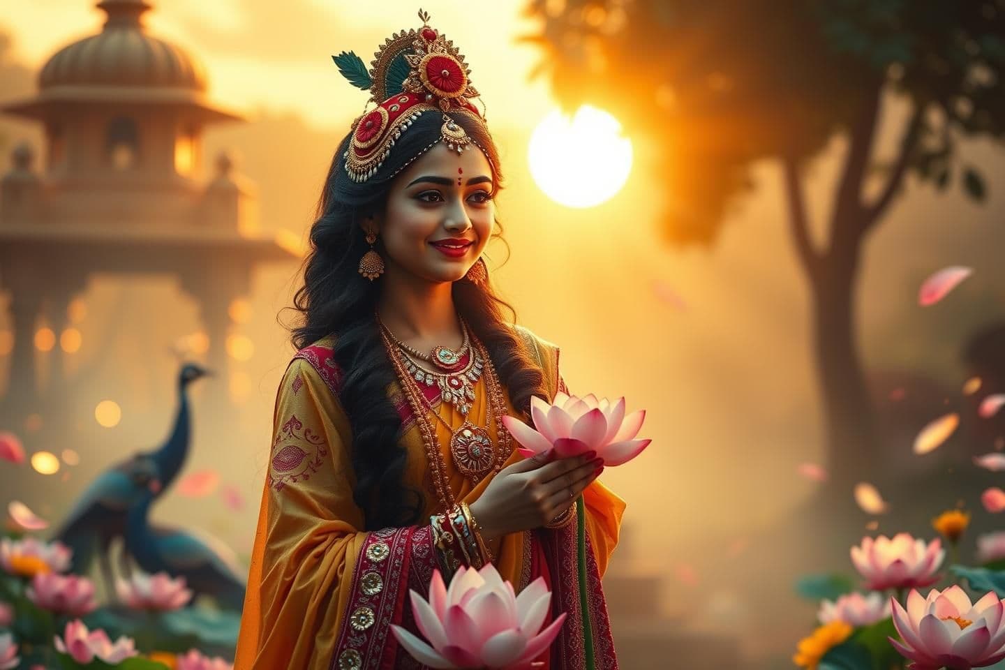 AI generated: A serene devotional cinematic background for 16:9 video editing, Radha Rani standing gracefully, divine glowing aura, soft golden sunrise light, Vrindavan temple background, peacoc