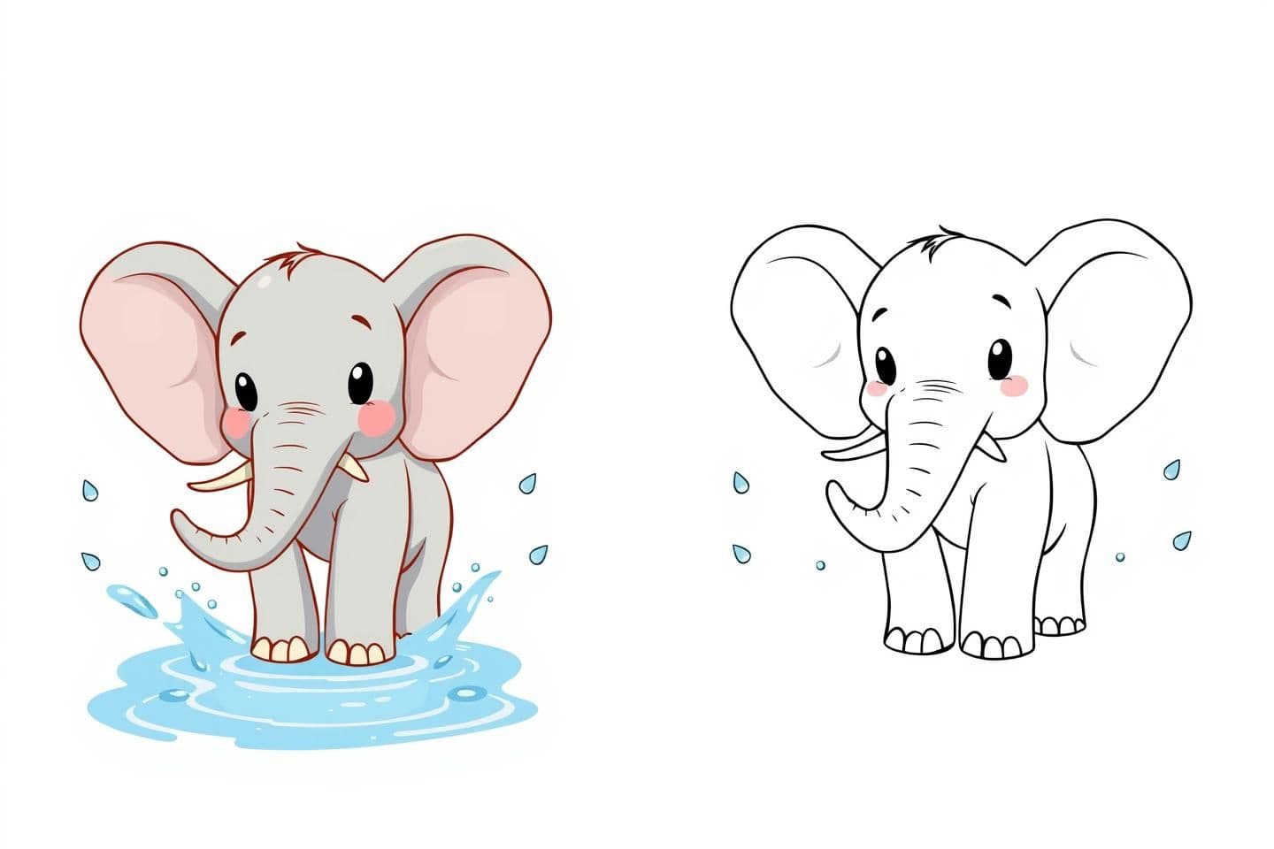 AI generated: Generate an image with a colored illustration of 'cute elephant splashing water' on the left side, and the same illustration in a black-and-white outline on the right side. Include