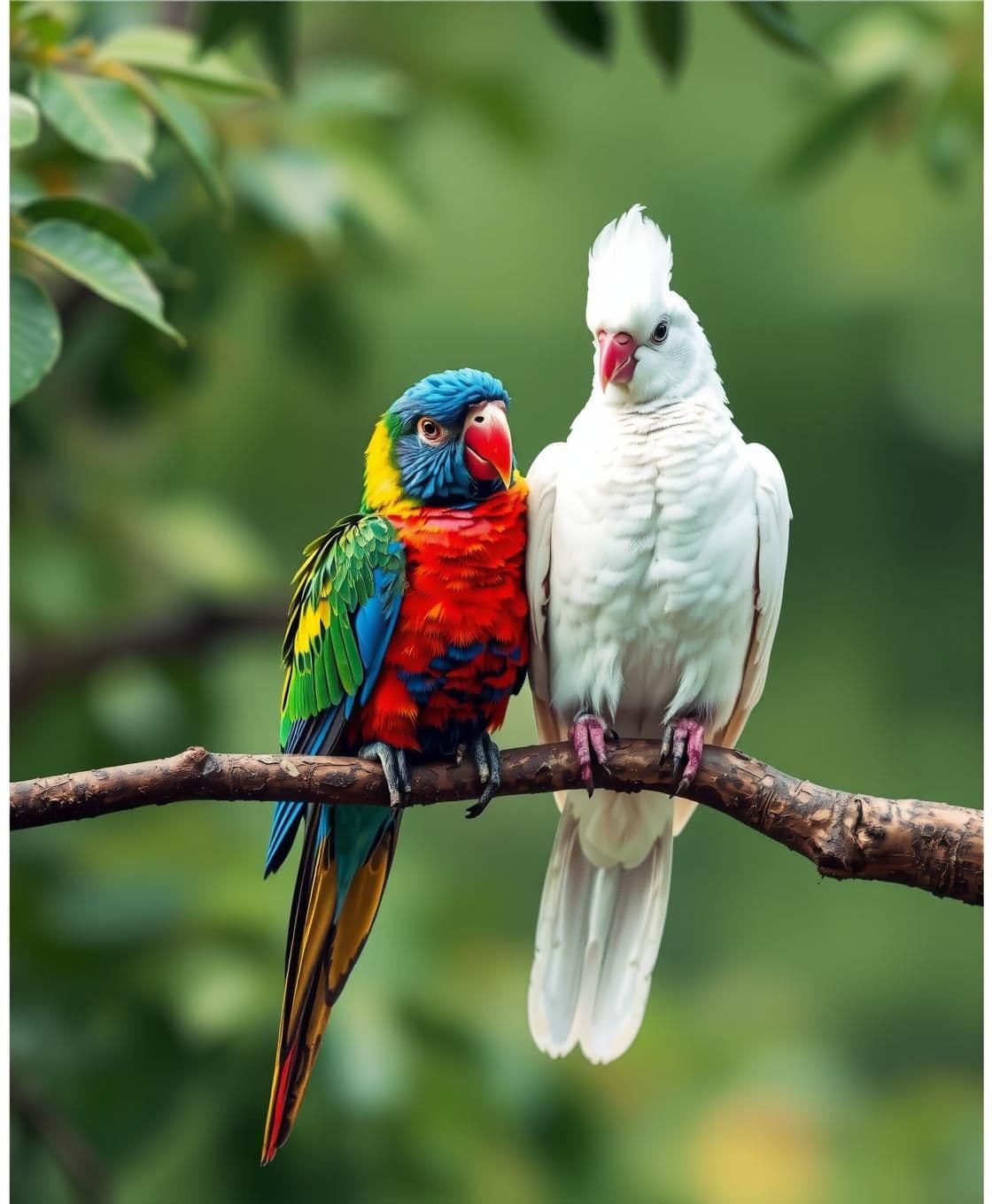 AI generated: Ek “A colorful parrot and a white pigeon sitting together on a tree branch tote aur kabuter ped par baith kar baatein kar rahe the. Tote ne kaha, “Main sabse zyada bol sakta hoon!”