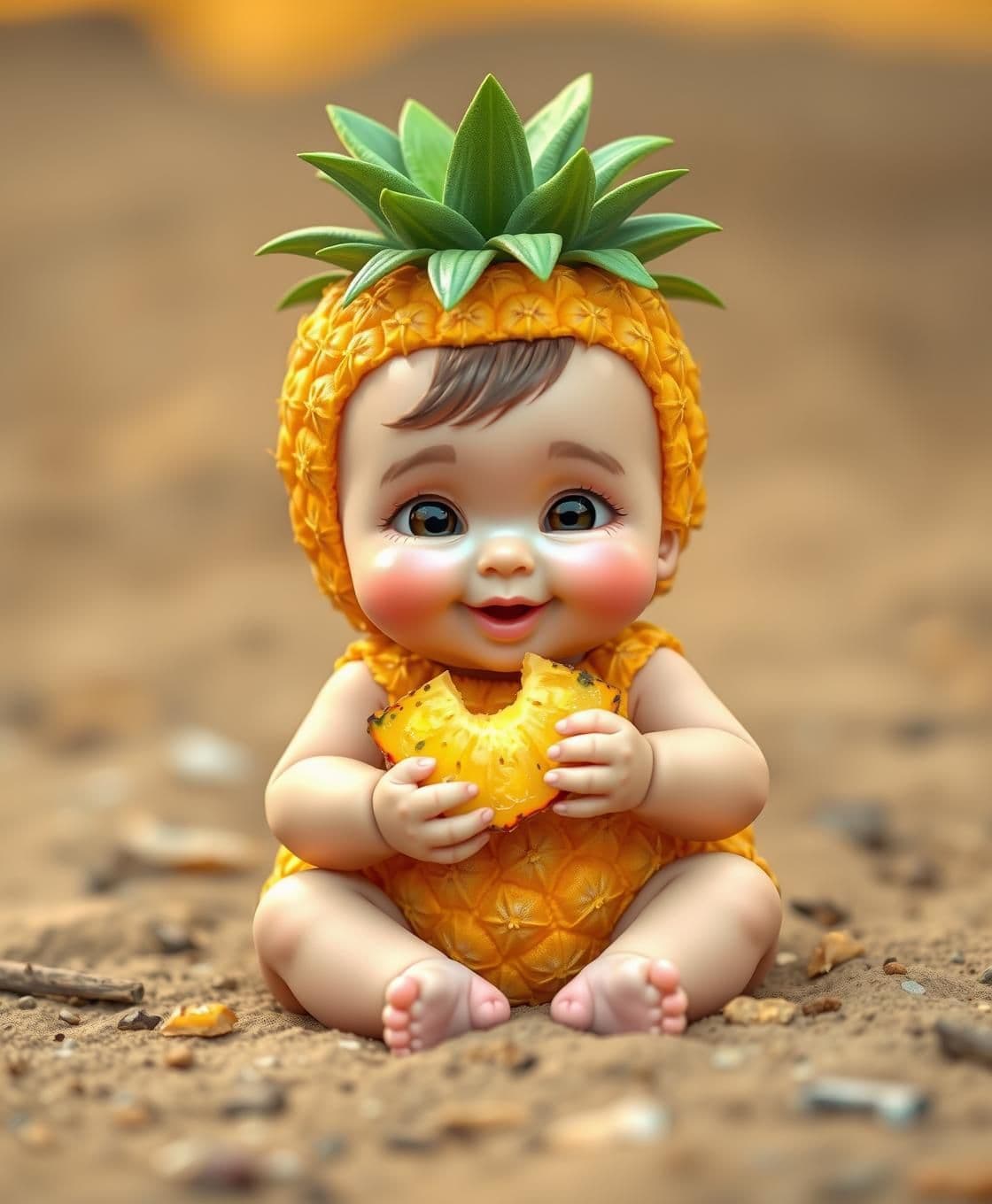 AI generated: A cute baby boy sitting like a human, but his body is shaped like a pineapple. The pineapple has a golden-yellow textured body with a green spiky crown on top like hair. The pineap
