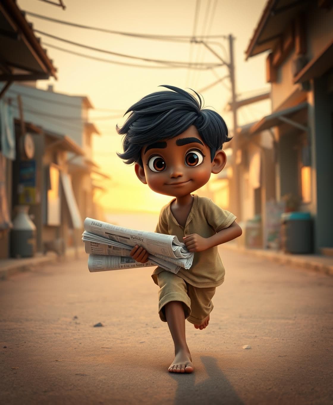 AI generated: “8-year-old South Indian boy, medium brown skin, slim build, medium-length wavy black hair, bright curious eyes, wearing simple half-sleeve faded shirt and loose shorts, barefoot,