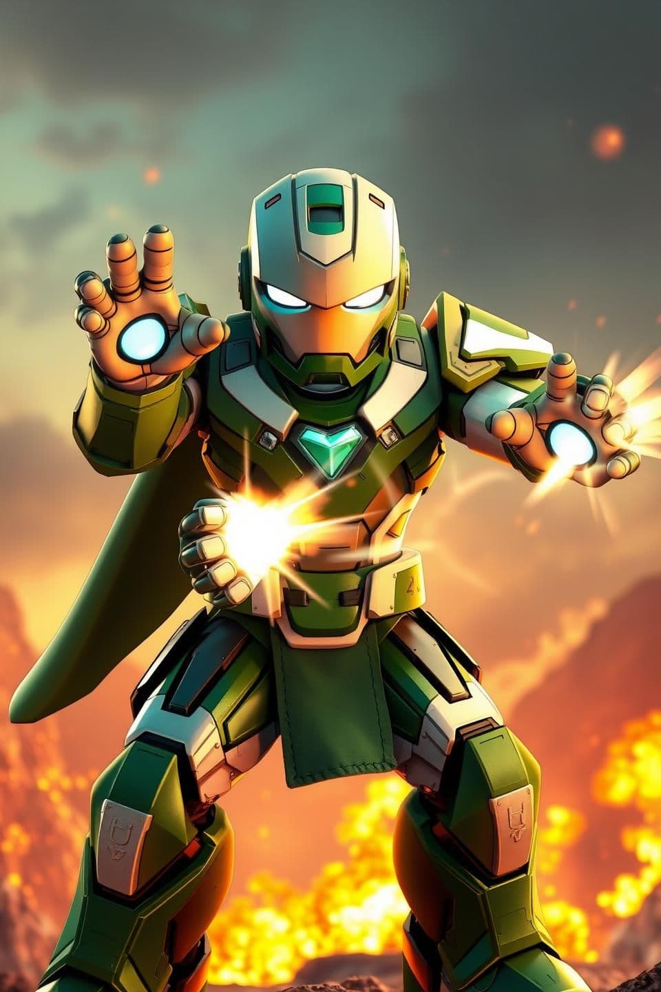 AI generated: 3D cartoon Indian-style animation, Pakistan Iron Man inspired armored hero attacking with full power, green and white themed armor, energy blasts firing from hands and chest, aggre
