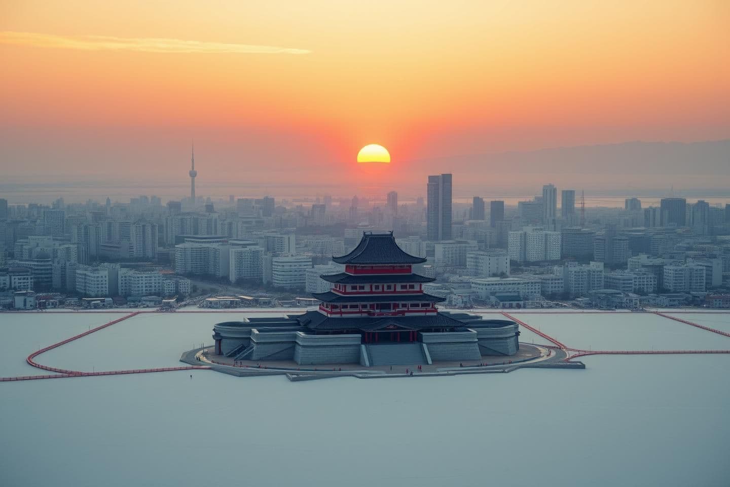 AI generated: Make an image of a massive city in a vast salt flat during sunset. This city should have modern buildings with slight hints of traditional Japanese architecture. Make sure it is li