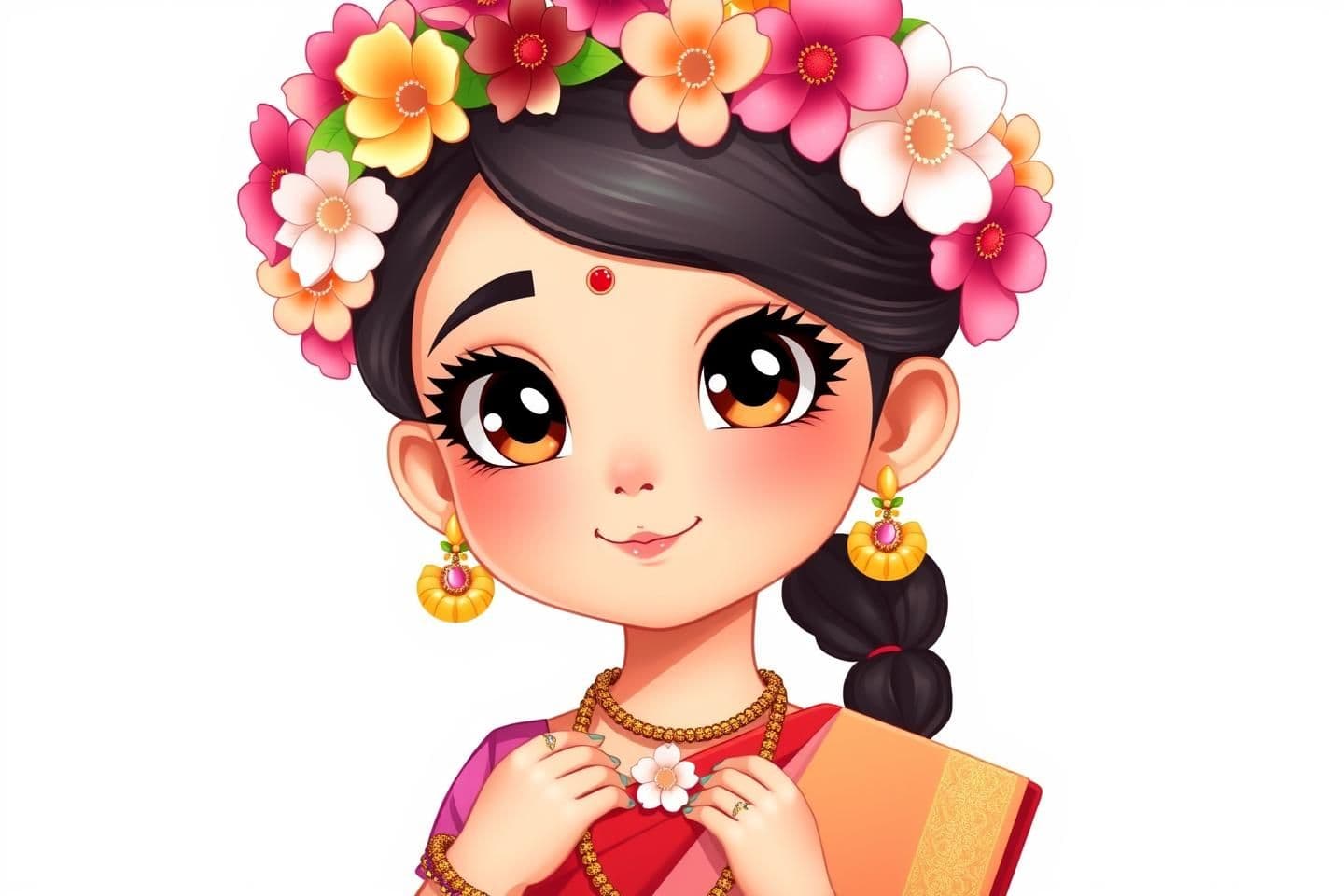AI generated: A beautiful 10-year-old girl character, no background — pure white or transparent background. She has big, shiny eyes with thick black kajal, soft pink eyeshadow above the eyes, an