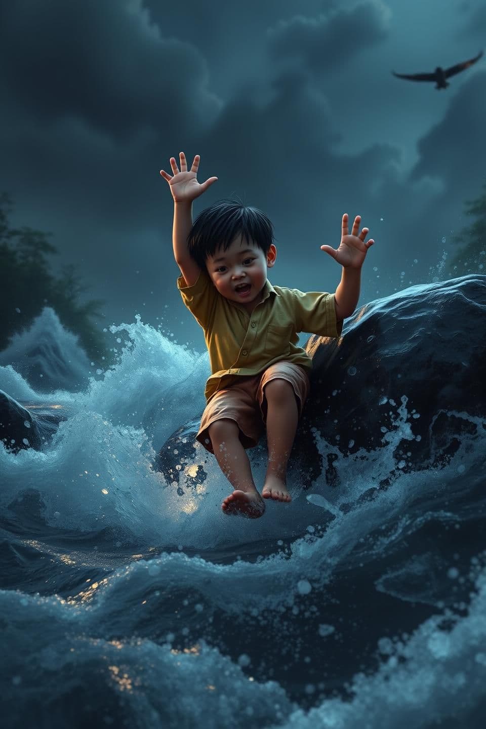 AI generated: A small 6–8-year-old village boy with wet black hair, simple beige shirt and half pants, slips on a wet rock and falls into the fast-flowing dark river. His arms flail in panic as