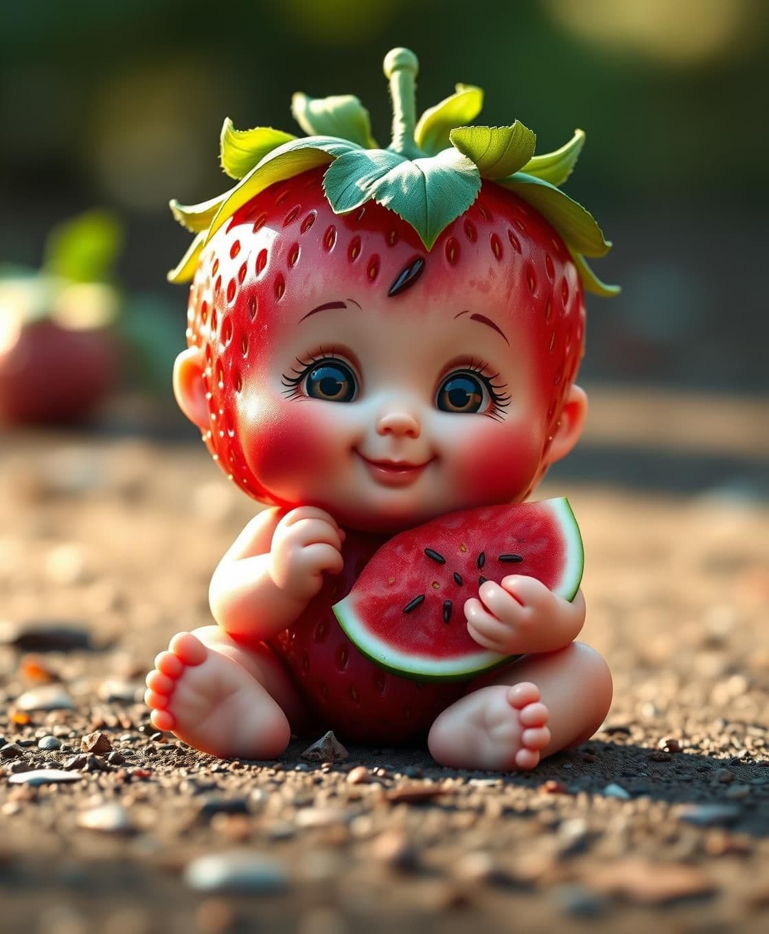 AI generated: A cute strawberry baby boy sitting like a human, but his body is shaped like a strawberry. The strawberry has a bright red color with tiny seeds and a green leafy top like hair. Th