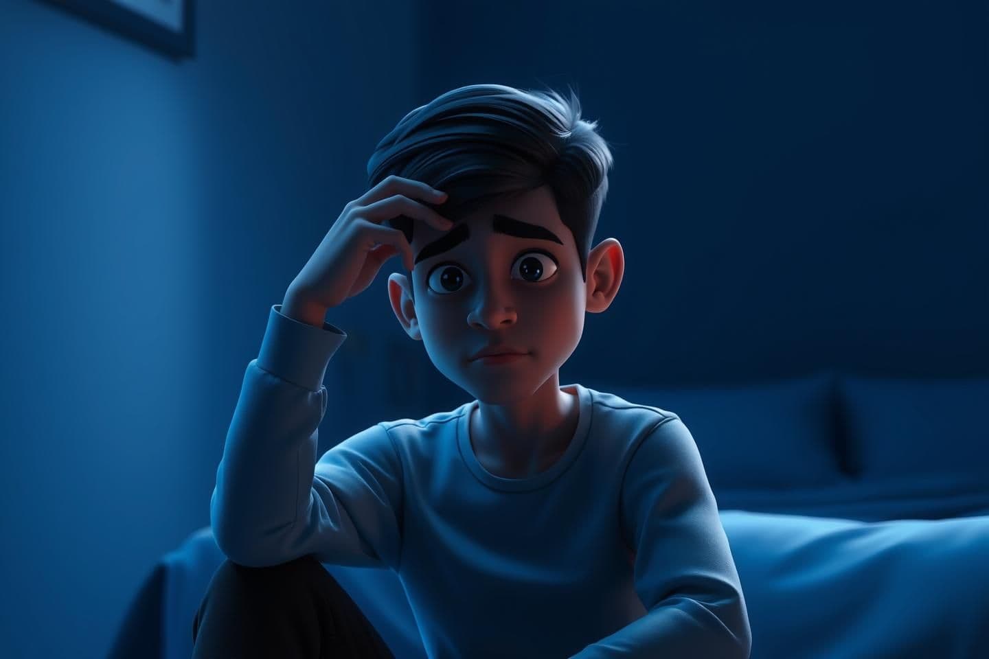 AI generated: create 3D cartoon whitboard animation style A young Indian person sitting alone in a dimly lit room, looking mentally tired and overwhelmed, hand on forehead, soft emotional expre