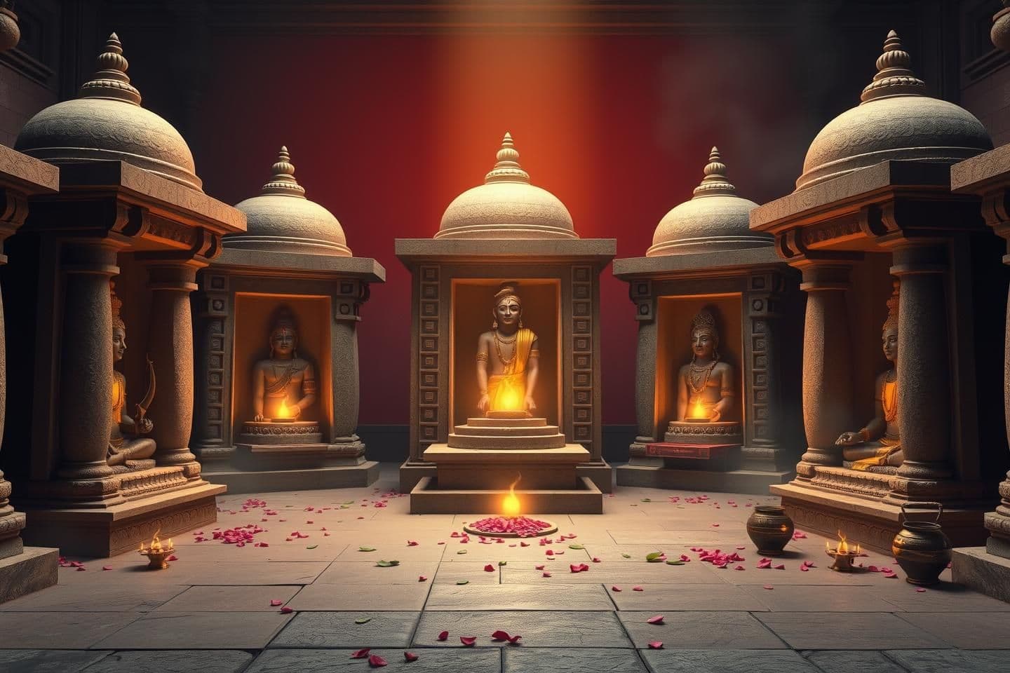 AI generated: A cinematic 16:9 scene showing five sacred Shiva Lingams established by Lord Shri Ram, Lord Dattatreya, Harikesh Rishi, King Priyavrat, and Lord Brahma.
Place each Lingam inside s