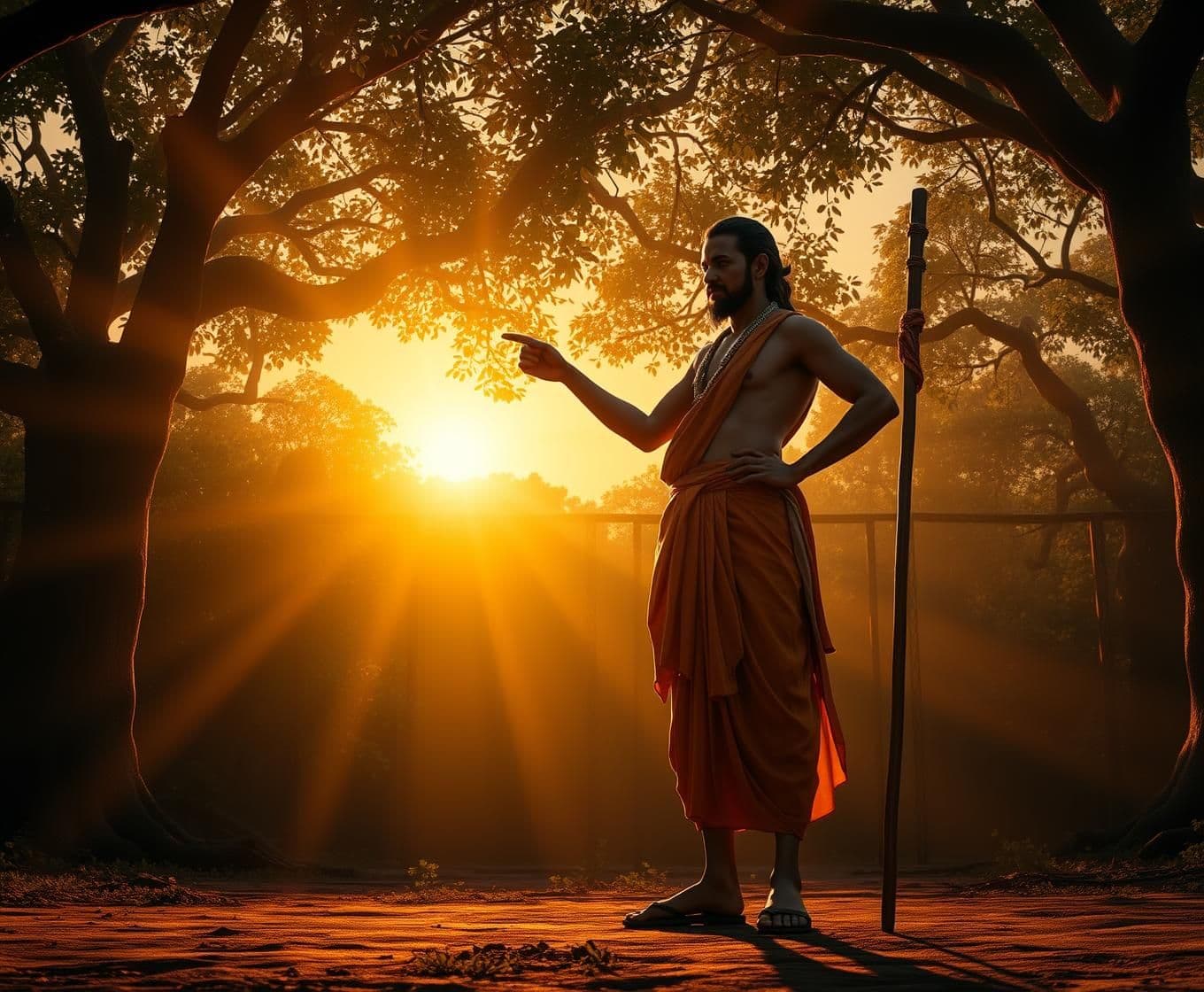 AI generated: Ancient Indian forest scene during golden evening light. Warm rays of the setting sun filtering through banyan branches, long soft shadows on the ground, light particles drifting i