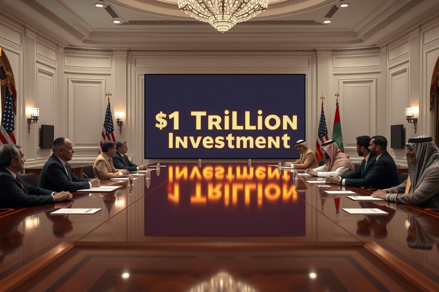 AI generated: “Inside a grand White House conference room, U.S. and Saudi delegations sitting across a long polished table. A large digital screen behind them showing ‘$1 Trillion Investment’ in