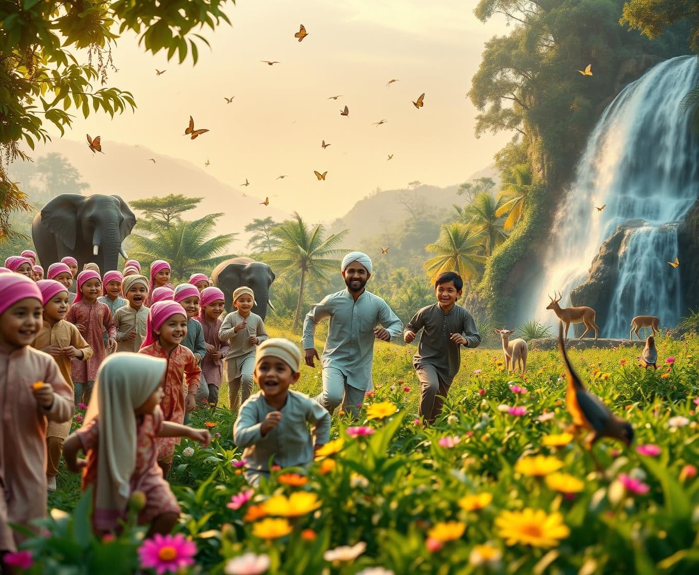 AI generated: "Ultra realistic 3D HD DSLR camera style wide 16:9 cinematic scene of dozens of joyful young Muslim children wearing traditional Islamic caps and kurtas, playing happily together i