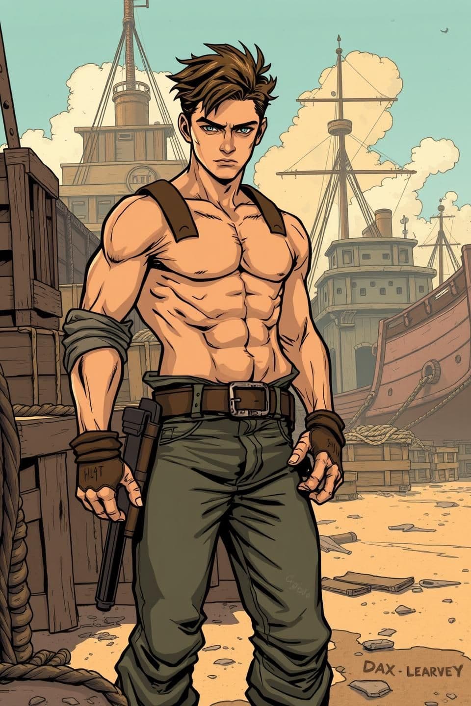 AI generated: “Seventeen-year-old Dax stands in a gritty harbour scene, illustrated in bold Western comic style with strong linework and dramatic shadows. He has the physique of someone who’s w