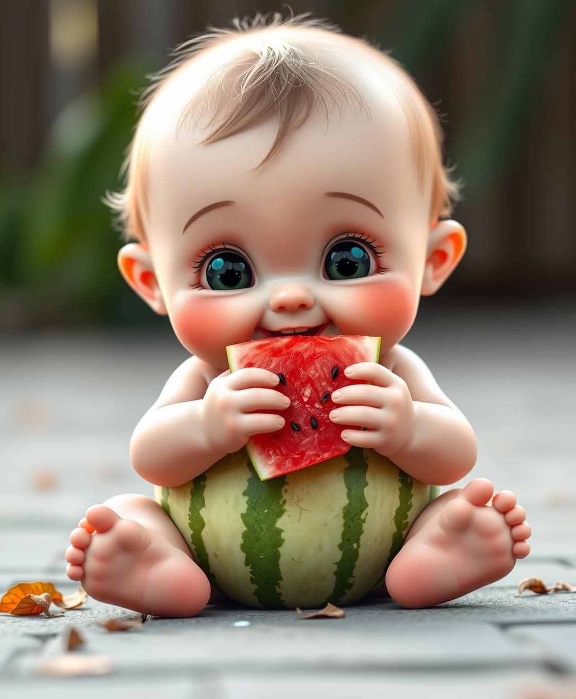 AI generated: A cute baby boy sitting like a human, but his body is shaped like a watermelon. The watermelon has natural green stripes and a soft texture. The baby watermelon boy is sitting on t