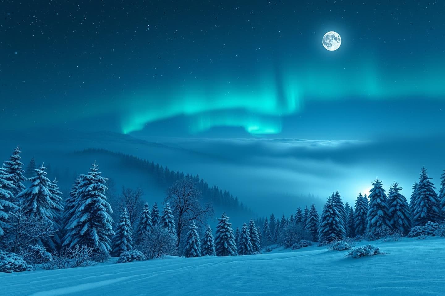 AI generated: Ultra‑HD 8K hyper‑realistic winter valley at night, soft snowfall, bioluminescent snow crystals glowing faint cyan, distant pine forest silhouettes, subtle aurora ribbons forming a