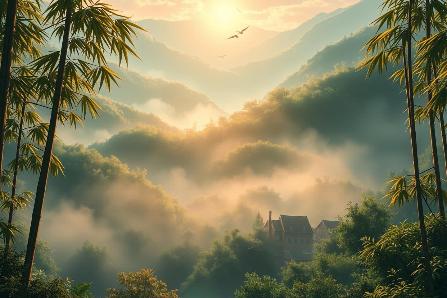 AI generated: Anime cinematic | soft lighting | Studio Ghibli-like atmosphere | watercolor tones | realistic nature details | gentle camera motion. Wide dawn shot — misty village valley surround
