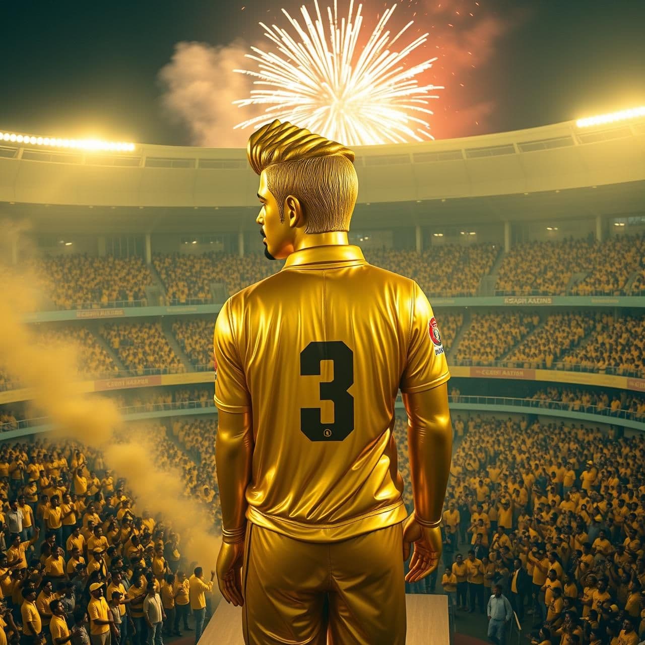 AI generated: "Cinematic inauguration scene of a massive lefty golden idol of Suresh Raina wearing the CSK yellow jersey (Number 3). ldol placed at center of Chepauk stadium. Full stadium crowd