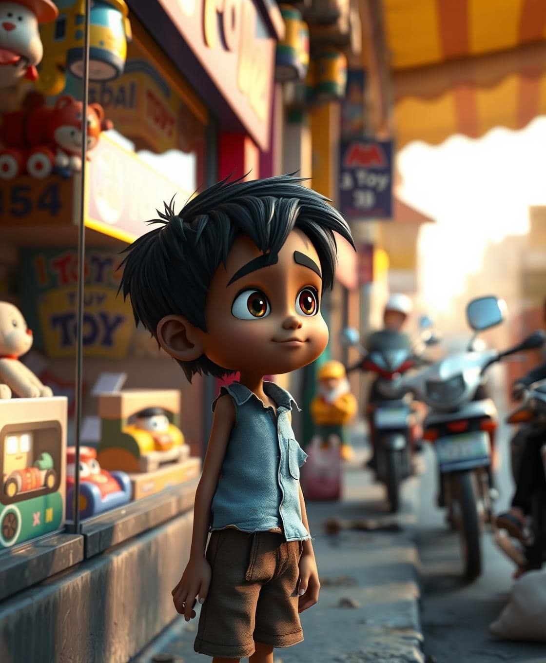 AI generated: A 3D cartoon style scene of a poor little Indian boy, around 7 years old, thin body, short messy black hair, brown skin, wearing torn light-blue shirt and brown shorts. He is stand