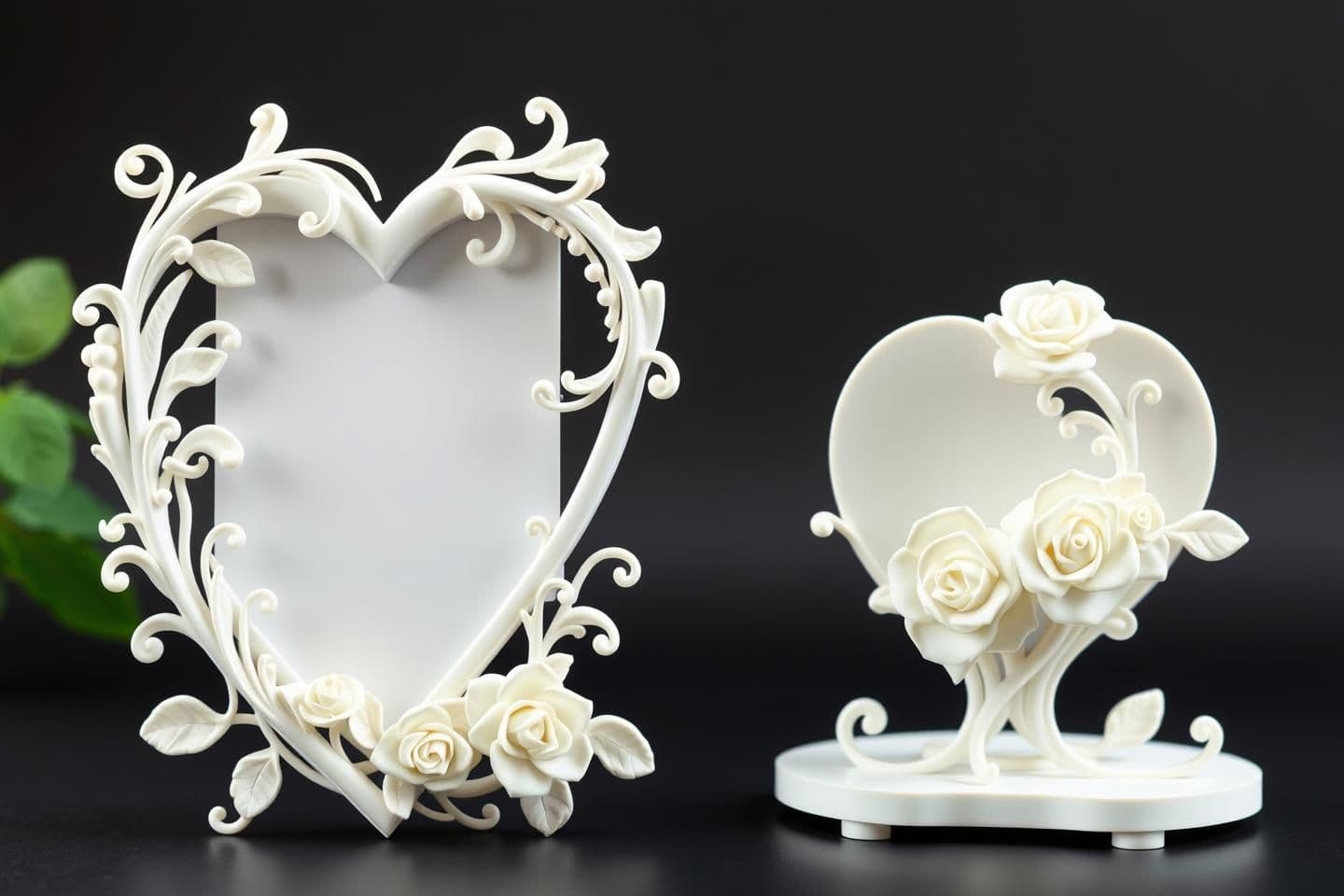AI generated: Well structured Heart shape and A beautiful 3D printed photo frame with flowing organic vines and delicate roses, art nouveau style, seamless continuous design, matte white PLA mat