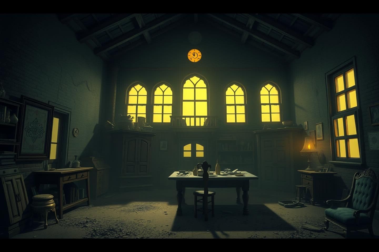 AI generated: IMPORTANT: Generate with all text in Hindi script only. Old and large house at night, dusty walls, old things on the table, yellow dim light, cold breeze coming through the windows