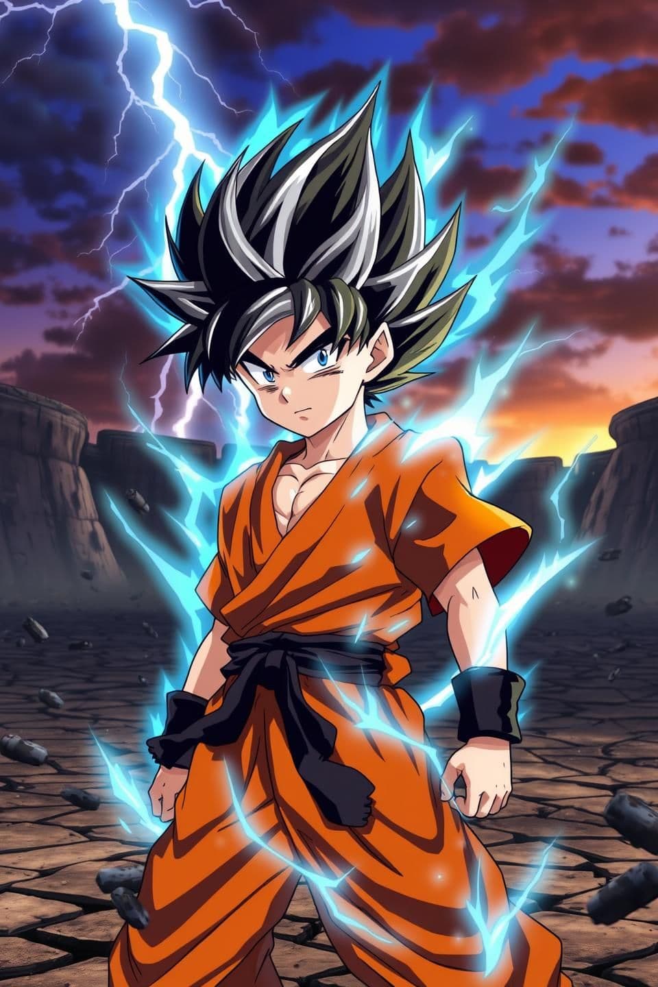 AI generated: Young warrior resembling goten from dragon ball super with spiky black hair and silver-blue aura, glowing eyes, torn orange gi, cracked arena, dramatic lighting — mid-transformati