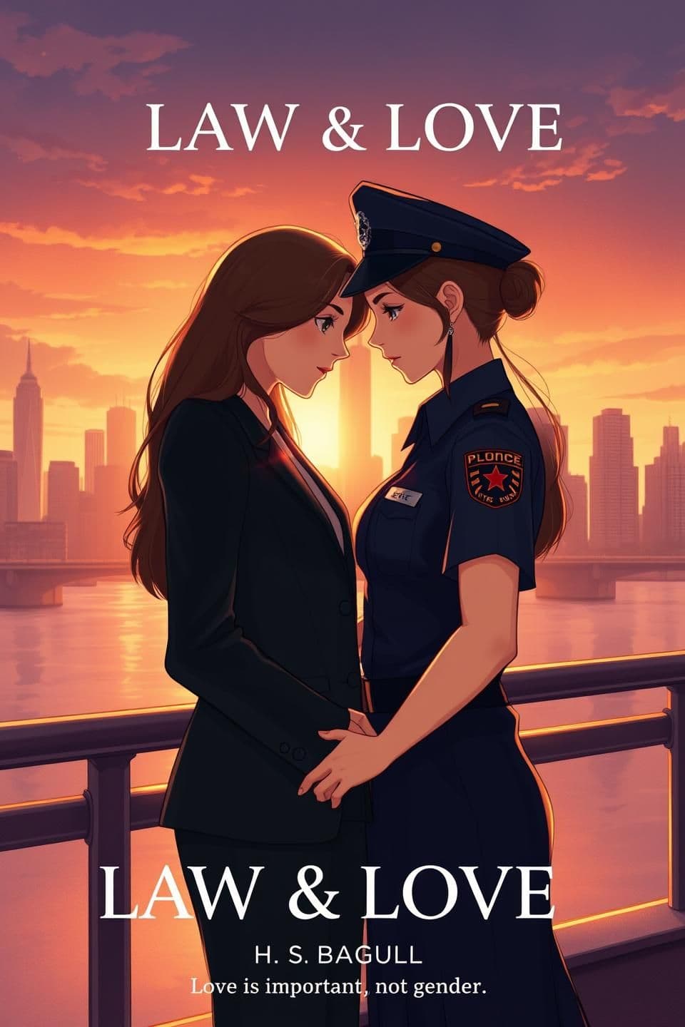 AI generated: Cinematic romantic illustration of two women standing close under a warm city sunset, one a confident lawyer in a black suit, the other a police officer in uniform. Their foreheads