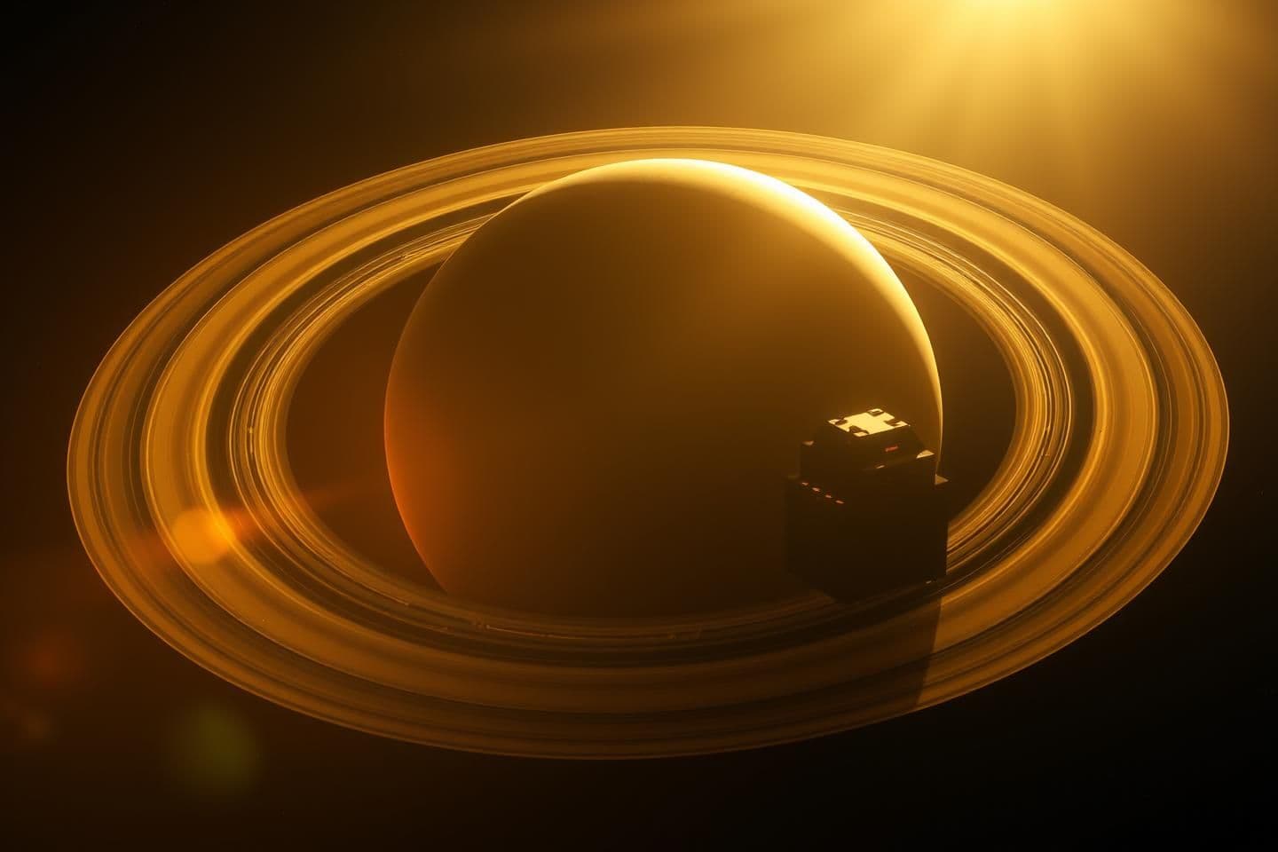 AI generated: A majestic cinematic view of Saturn and its glowing rings as the Pioneer spacecraft approaches. The golden sunlight reflects beautifully off the icy rings, creating a breathtaking