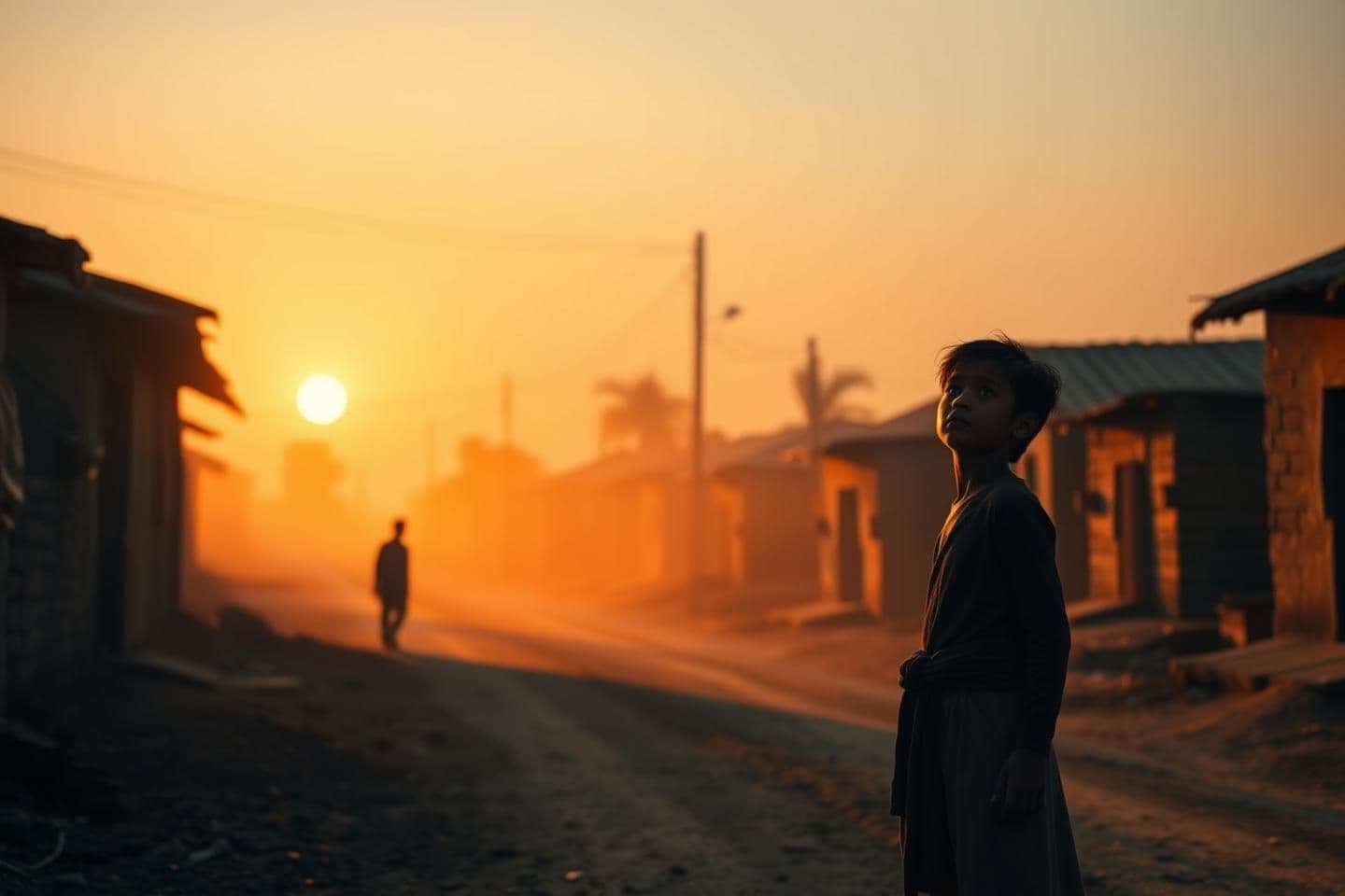 AI generated: “Ultra HD 16:9 YouTube thumbnail.
A dramatic village scene with warm sunset lighting.
A poor boy standing alone on the left side, looking slightly upward with determination.
Backgr