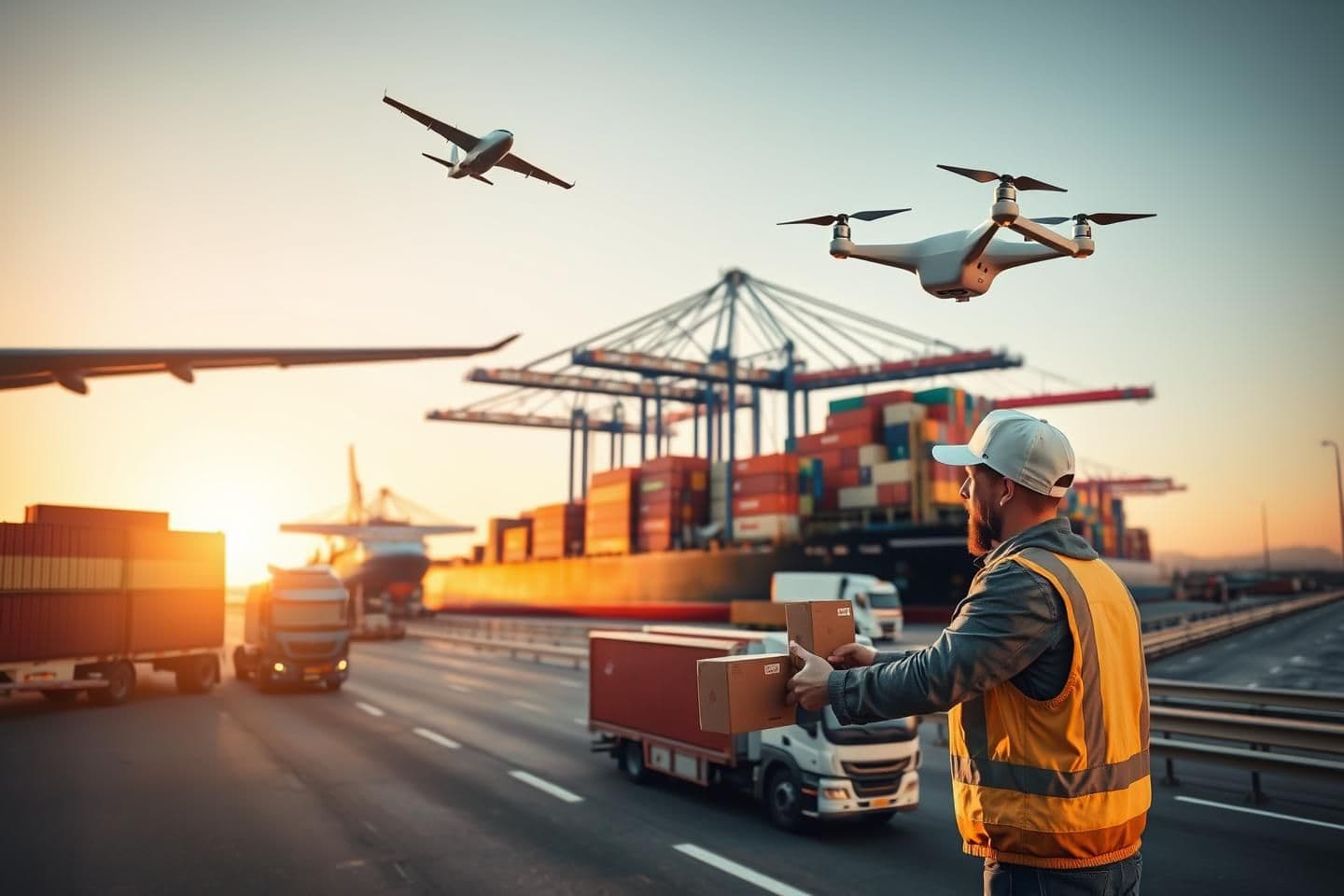 AI generated: A single cohesive, photorealistic scene of a modern global logistics hub during golden hour. An air cargo plane is being loaded with freight containers on the left, a large shippin