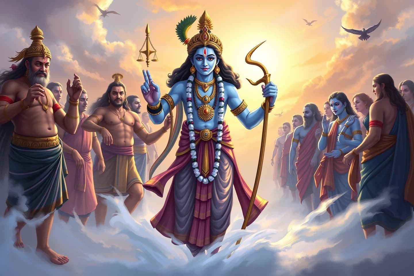 AI generated: IMPORTANT: Generate with all text in KN script only.
Prompt:
"Draw a scene that highlights Lord Krishna's loyalty to justice and the pursuit of righteousness. Krishna stands in t