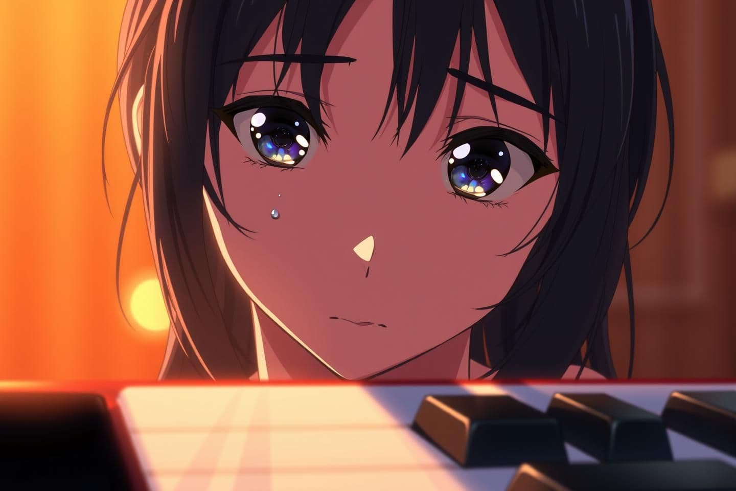 AI generated: Frame 2 – Awakening Emotion (0:08–0:15)
Close-up of her eyes glistening under the stage light. A single tear reflects the piano keys. The background blurs softly in warm amber lig