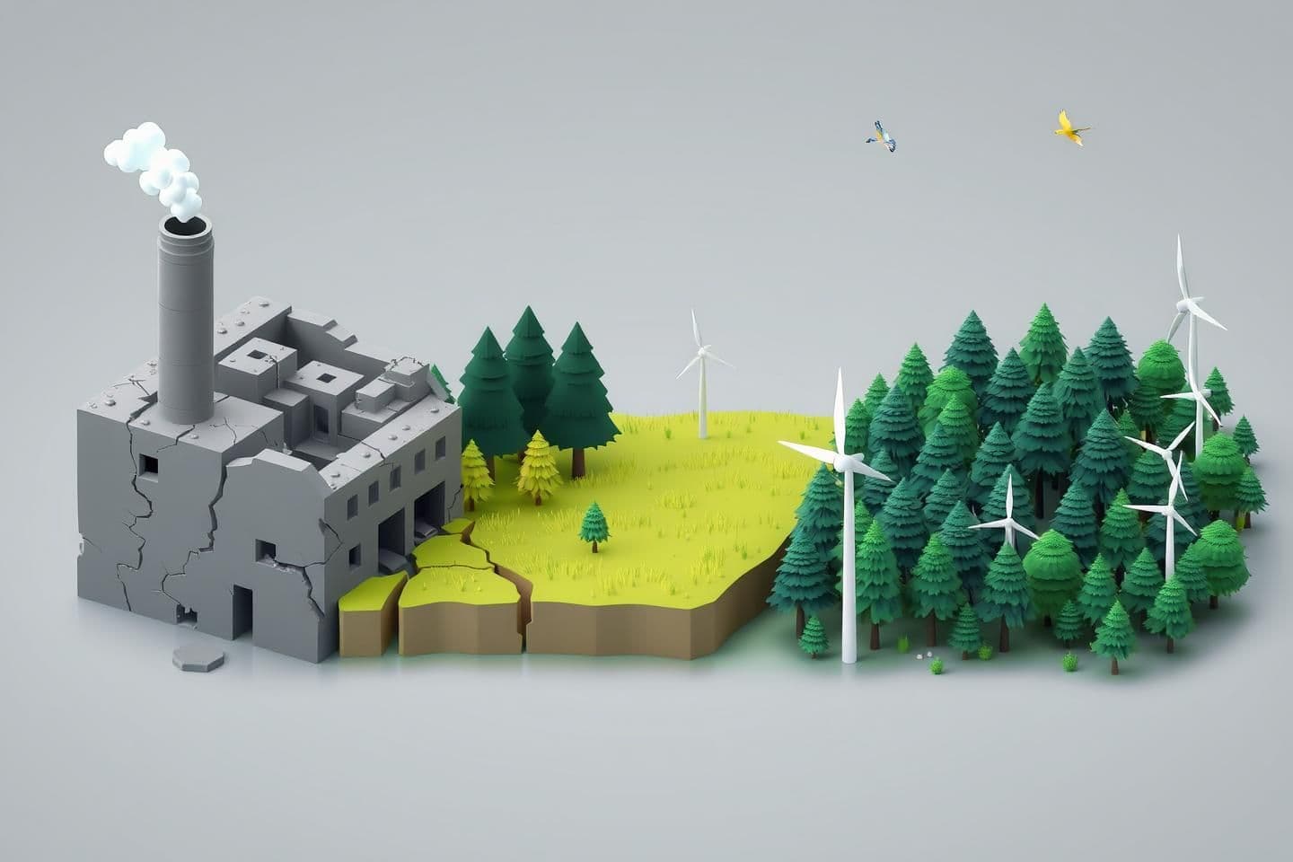 AI generated: A 3-D digital illustration in the style of Paint 3D. On the left side, there is a broken gray factory with chimneys and cracks. In the middle, the factory slowly transforms into tr