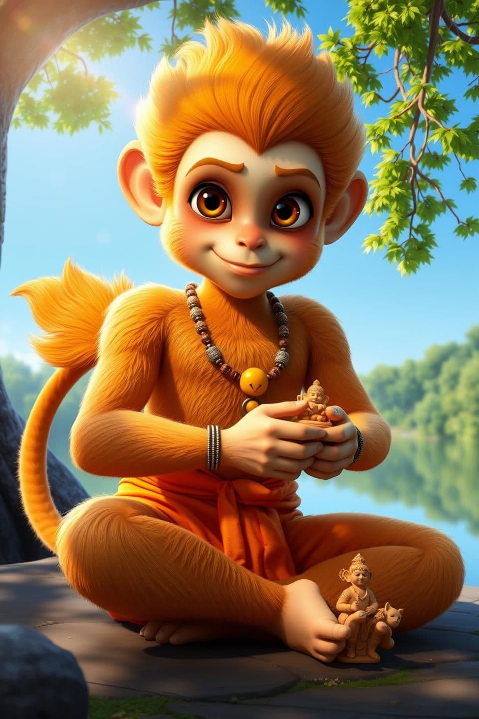 AI generated: 3D realistic scene of Bal Hanuman, an 8-year-old divine monkey boy, height 3.5 feet, athletic body covered with golden-brown fur, big expressive amber eyes, wearing orange dhoti, s