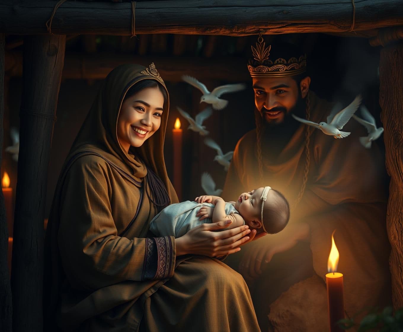 AI generated: “Ancient royal forest hut. Mother Morvi smiling at newborn baby Barbarik, Father Ghatotkatch standing proudly behind them. Fire torches lighting the hut, birds flying outside. A ma