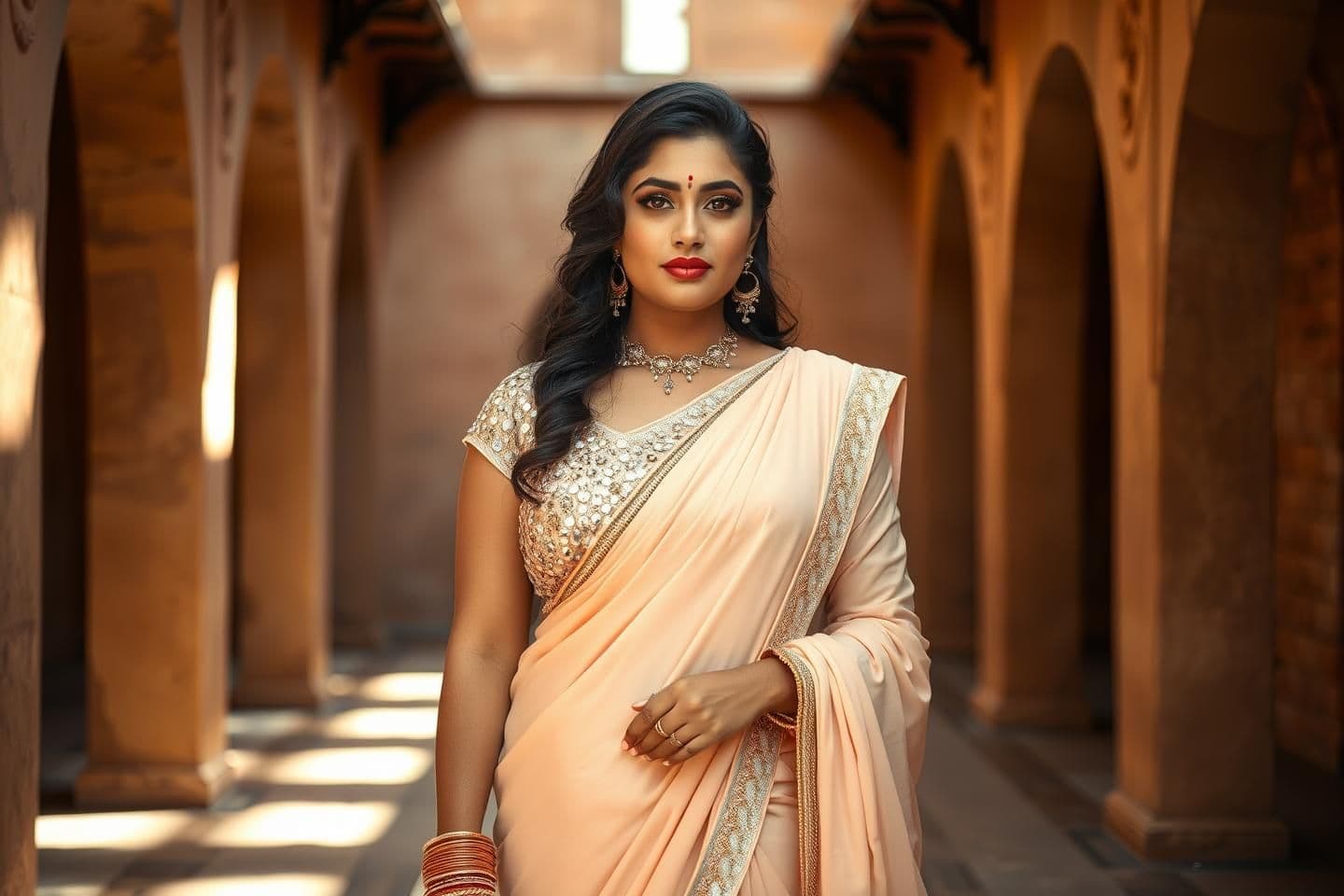 AI generated: “Ultra‑realistic portrait of a curvy woman wearing a pastel peach saree with a heavily embellished, reflective sequin sleeveless blouse, deep neckline and draped pallu, standing in