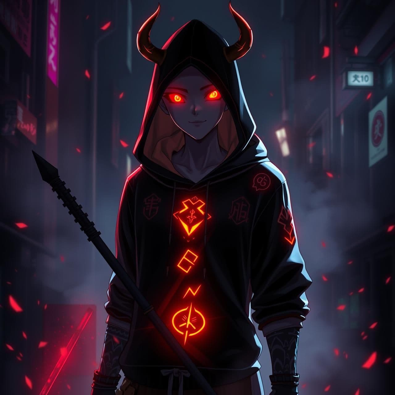 AI generated: Hooded character with glowing red eyes and demonic aura, holding a scythe, black hoodie with glowing runes, standing in dark alley with fog and ember particles, realistic anime art