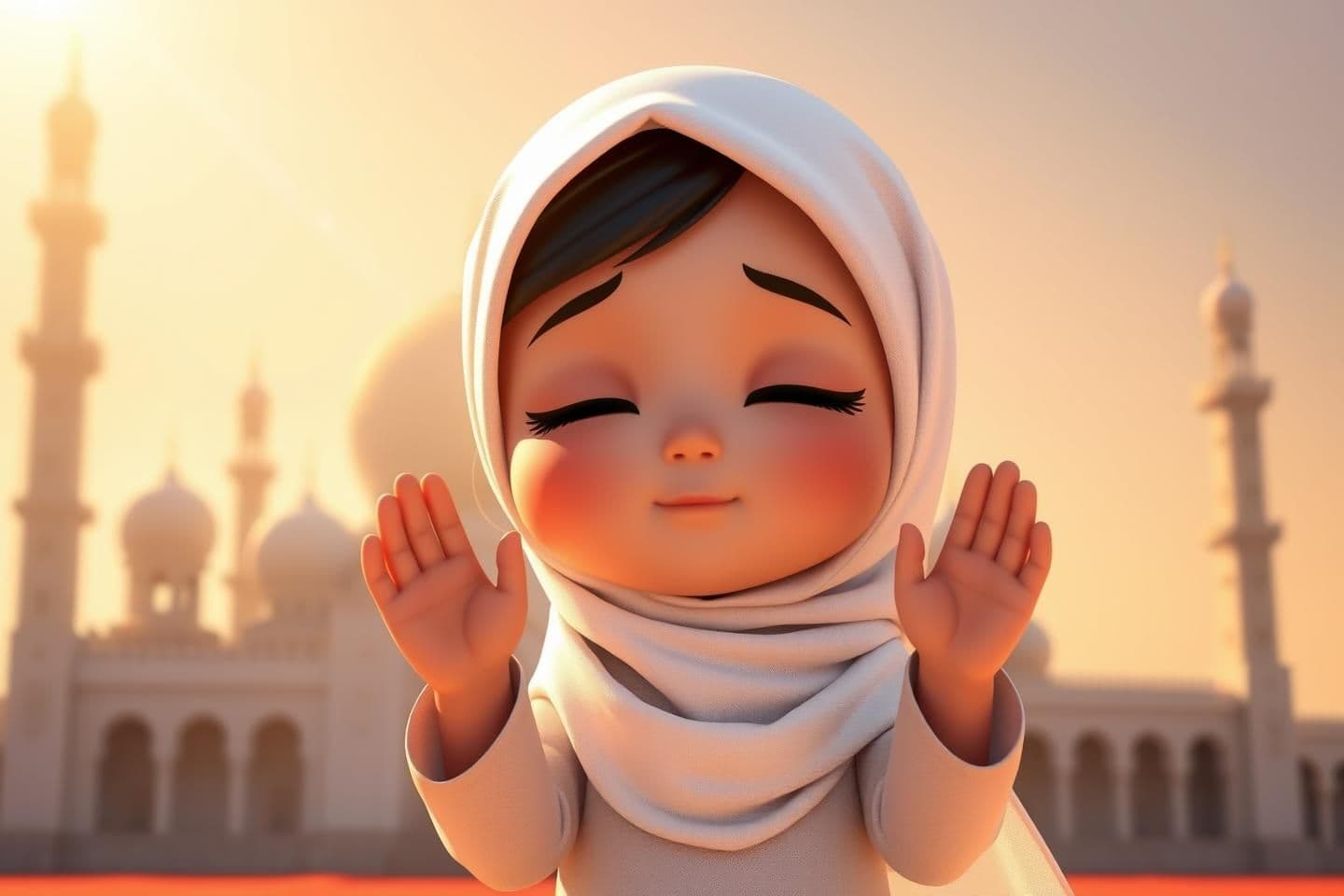 AI generated: A cute little 3D Muslim girl raising small hands in Dua (prayer), wearing a white hijab and modest clothes, eyes closed in peace, soft golden sunlight falling on her face, beautifu