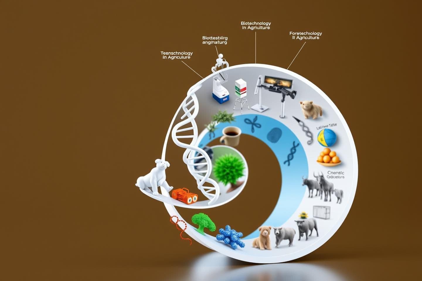 AI generated: This 3D spiral evolution model traces the journey from fundamental biological entities to advanced biotechnological applications. Starting at the base, it depicts microbes, symboli