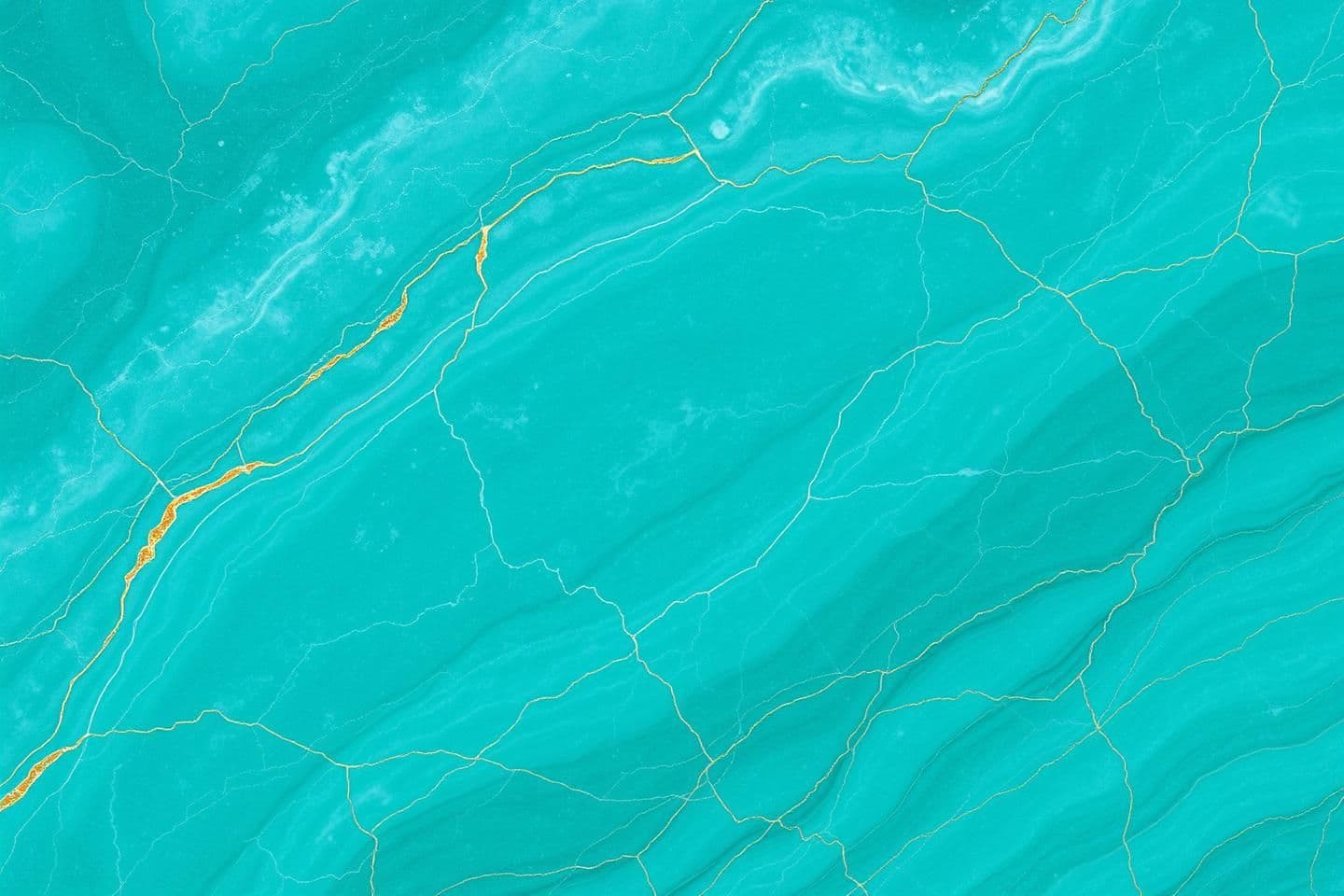 AI generated: Abstract teal marble slab with translucent jade and soft turquoise stone tones, subtle thin warm golden veins, minimal cracked onyx lines gently filled with soft internal light, re