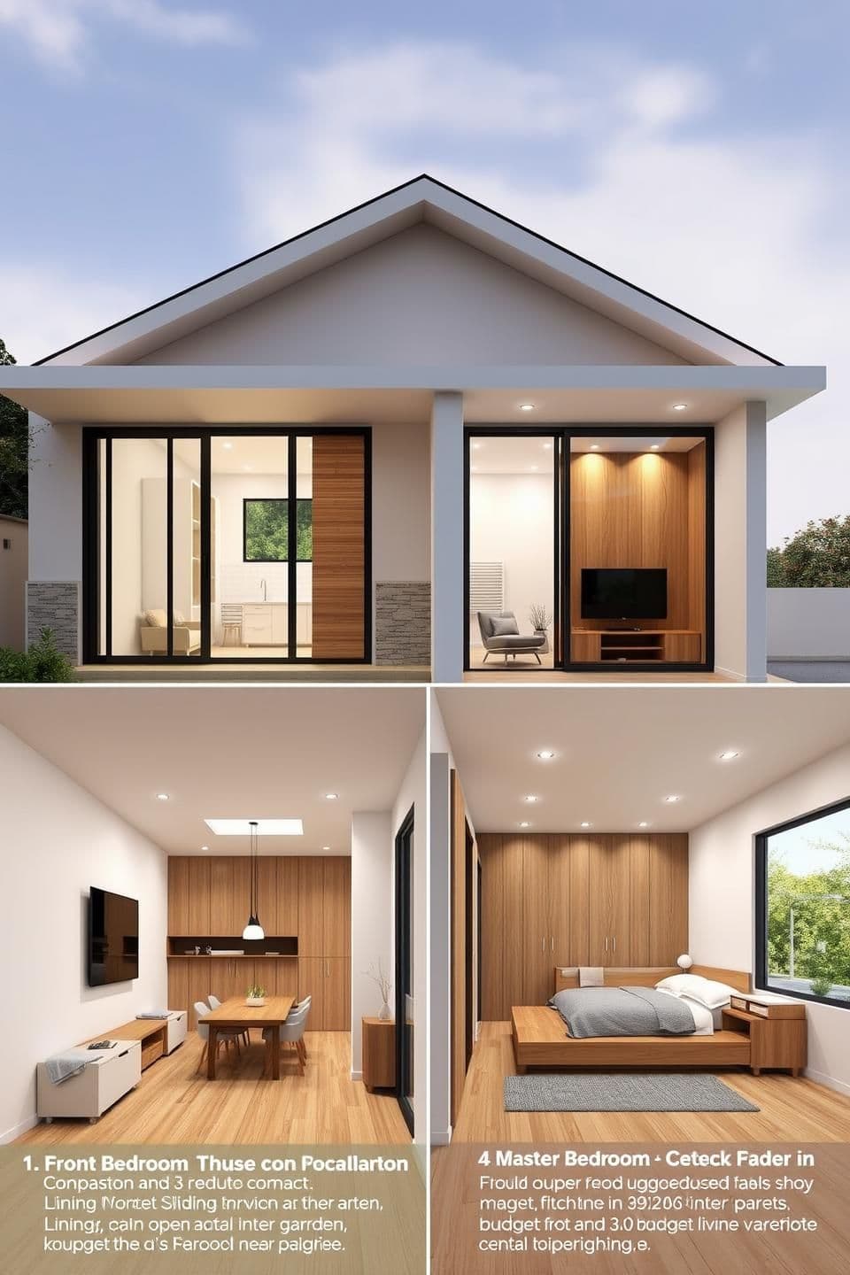 AI generated: 1. Front Exterior View
"3D rendering of a modern, compact 3-bedroom north-facing house on a 3-cent plot. Show the front façade with a small porch, sliding glass doors and windows,