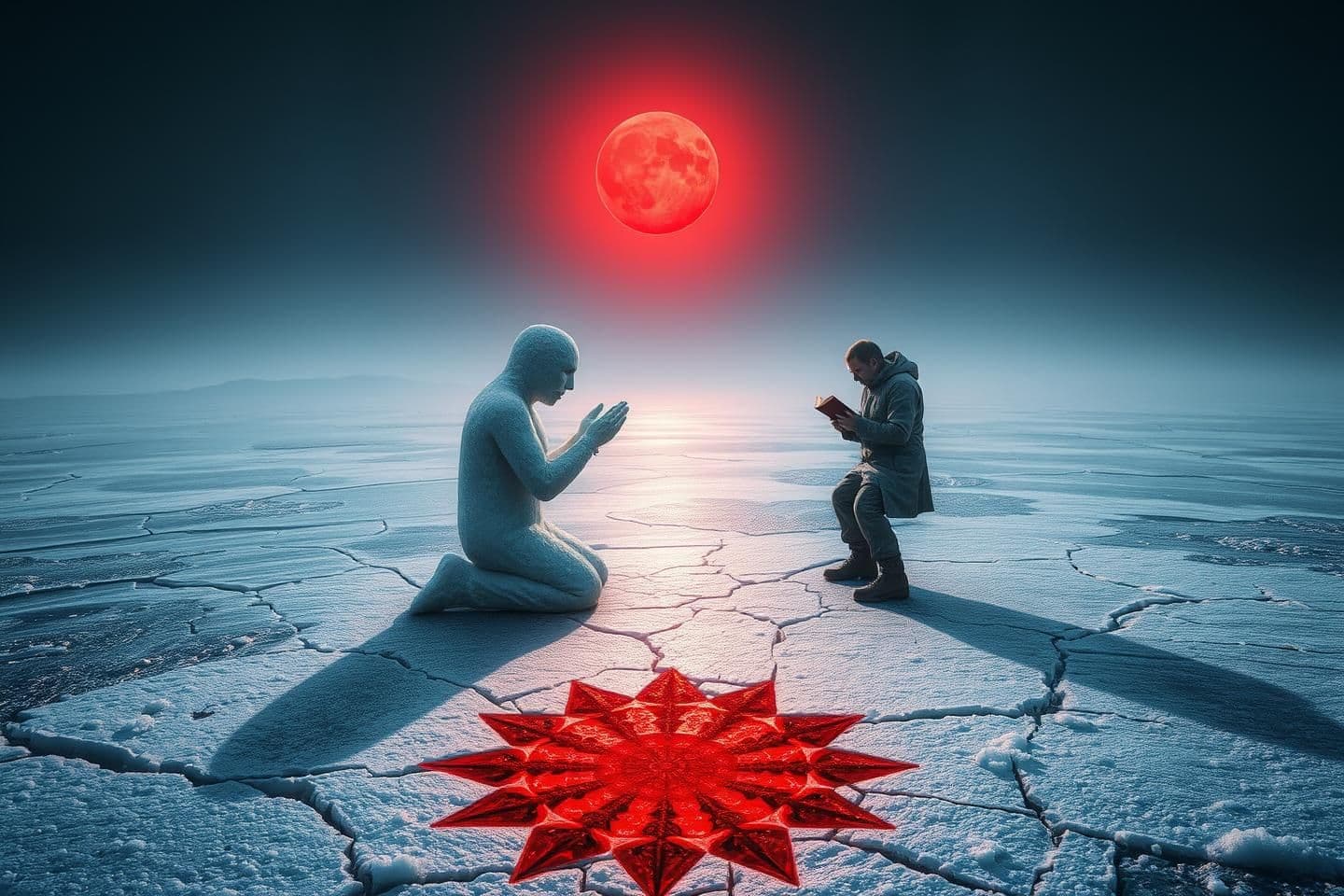 AI generated: Ascetic Snowman kneeling in prayer on icy wasteland under a red sun symbol, ancient scripture frozen beneath cracked ice, Klein observing with notebook cautiously, heat meeting fro