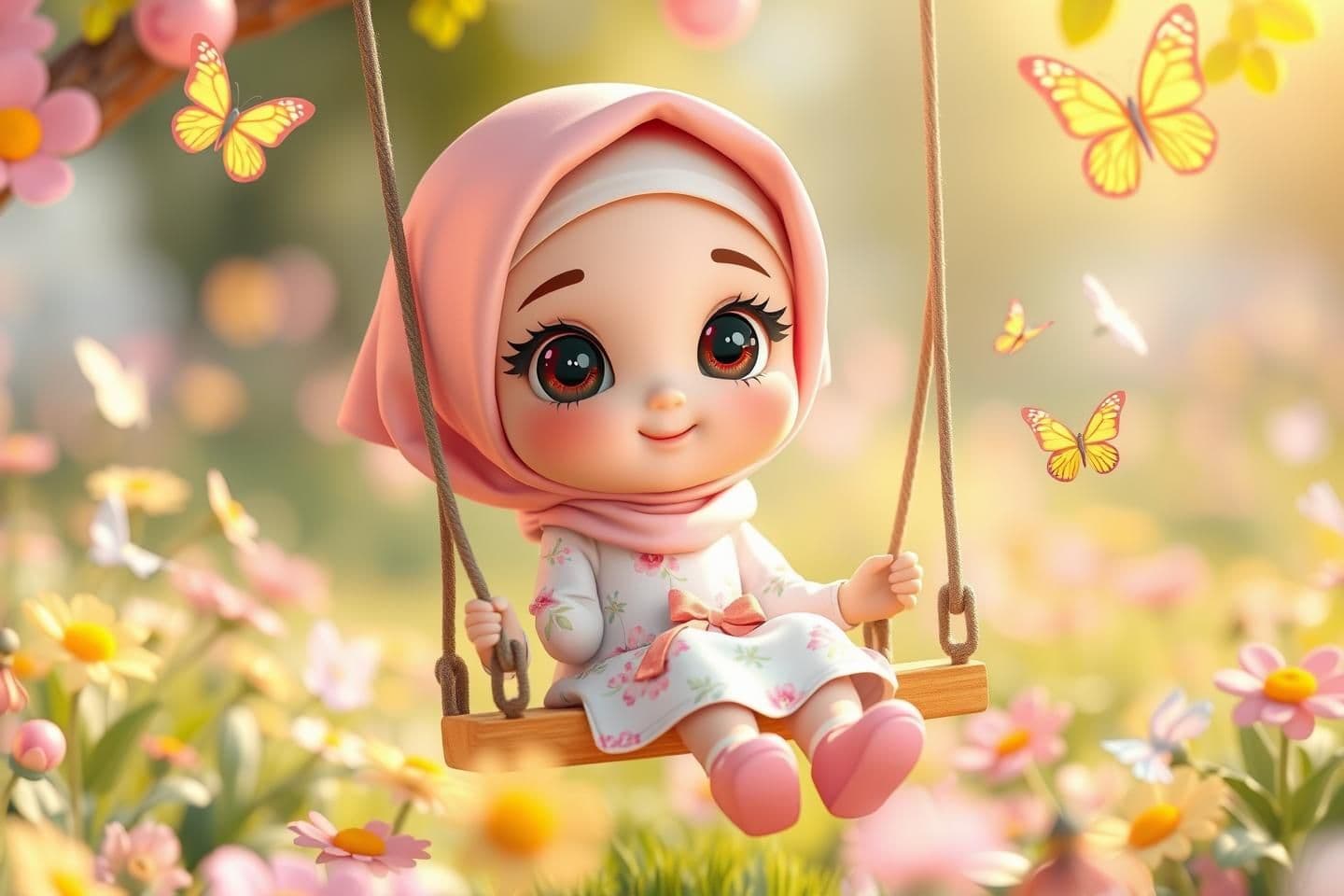 AI generated: A sweet 3D illustration of a little Muslim girl sitting on a swing in a flower garden. She is wearing a floral dress and a pastel pink hijab. Big sparkling eyes, surrounded by butt