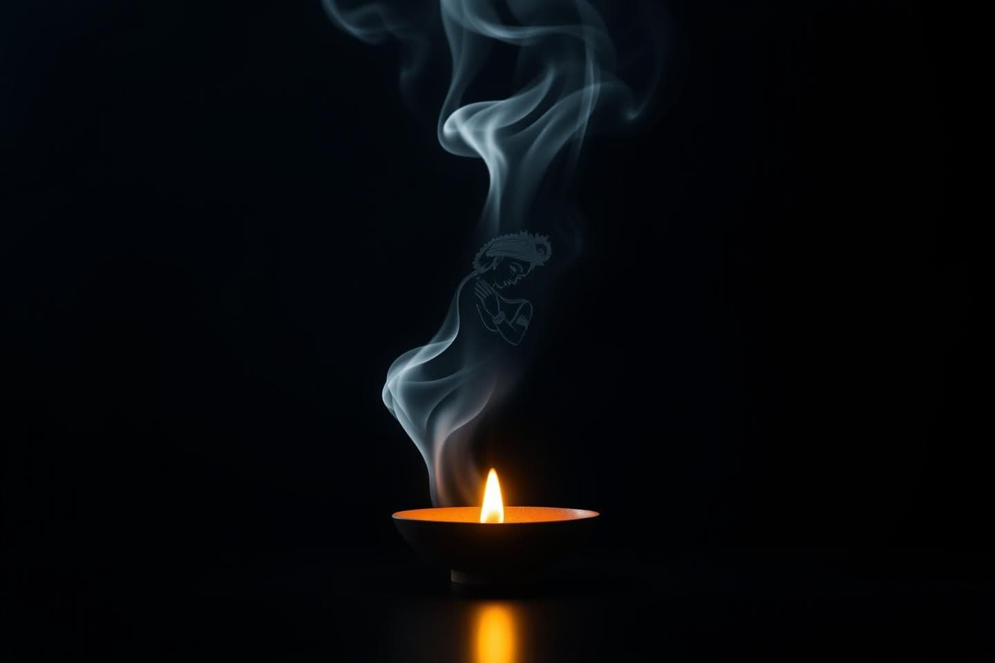 AI generated: A dark minimalistic background with a single glowing dhoopbatti / incense stick (or clay deepak lamp) placed at the center. Soft white sacred smoke rises gracefully from the flame