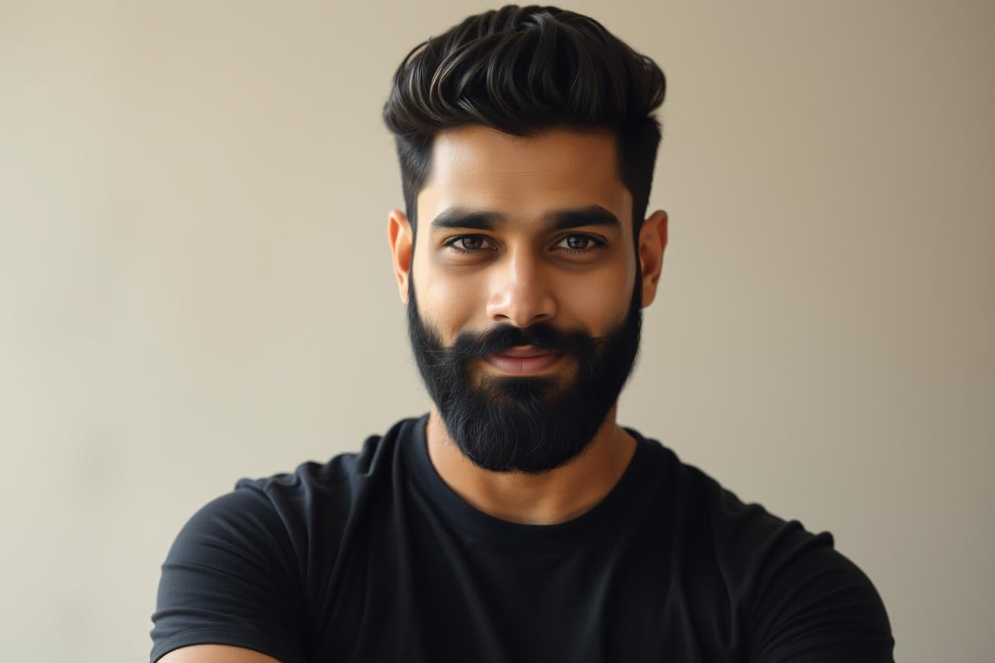 AI generated: “Indian young man, medium beard, styled thick hair, wheatish skin, sharp friendly features, same face as reference photo, wearing black short-sleeve shirt and jeans, calm confident