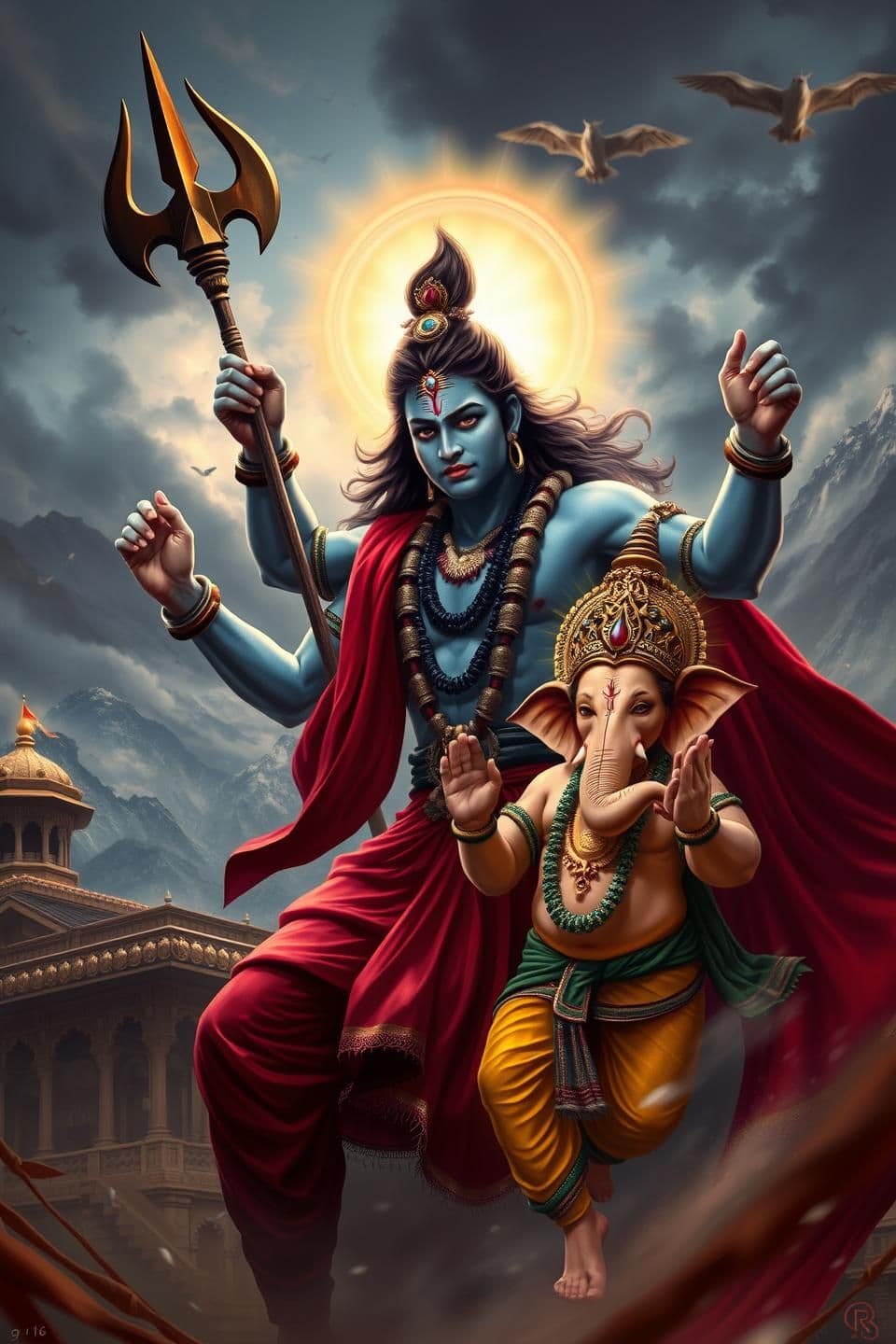 AI generated: 9:16 realistic vertical image depicting Lord Shiva in traditional attire with trishul raised, in mid-motion striking young Lord Ganesha’s head with divine energy surrounding. Lord