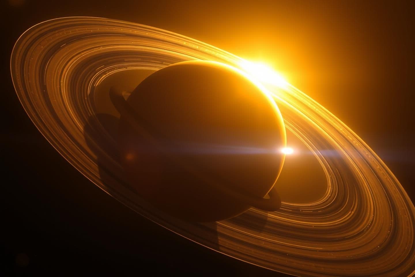 AI generated: A majestic cinematic view of Saturn with Name Al -Baari and its glowing rings as the Pioneer spacecraft approaches. The golden sunlight reflects beautifully off the icy rings, crea