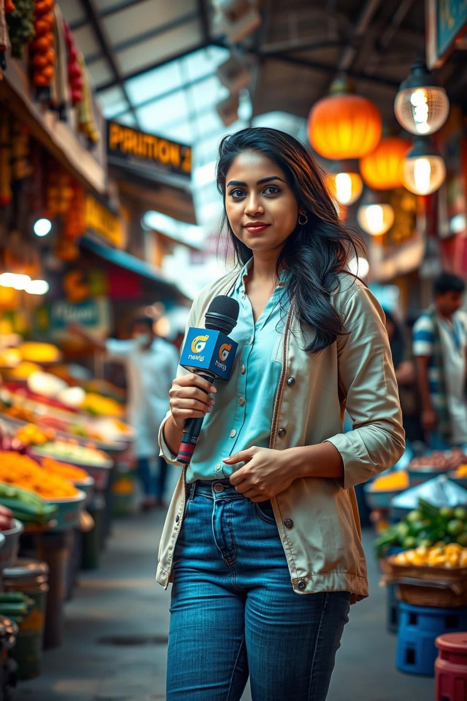 AI generated: Ultra-realistic cinematic shot of an Indian female reporter standing in a busy local market.
She holds a microphone with a news channel logo, wearing a casual smart outfit (blue je